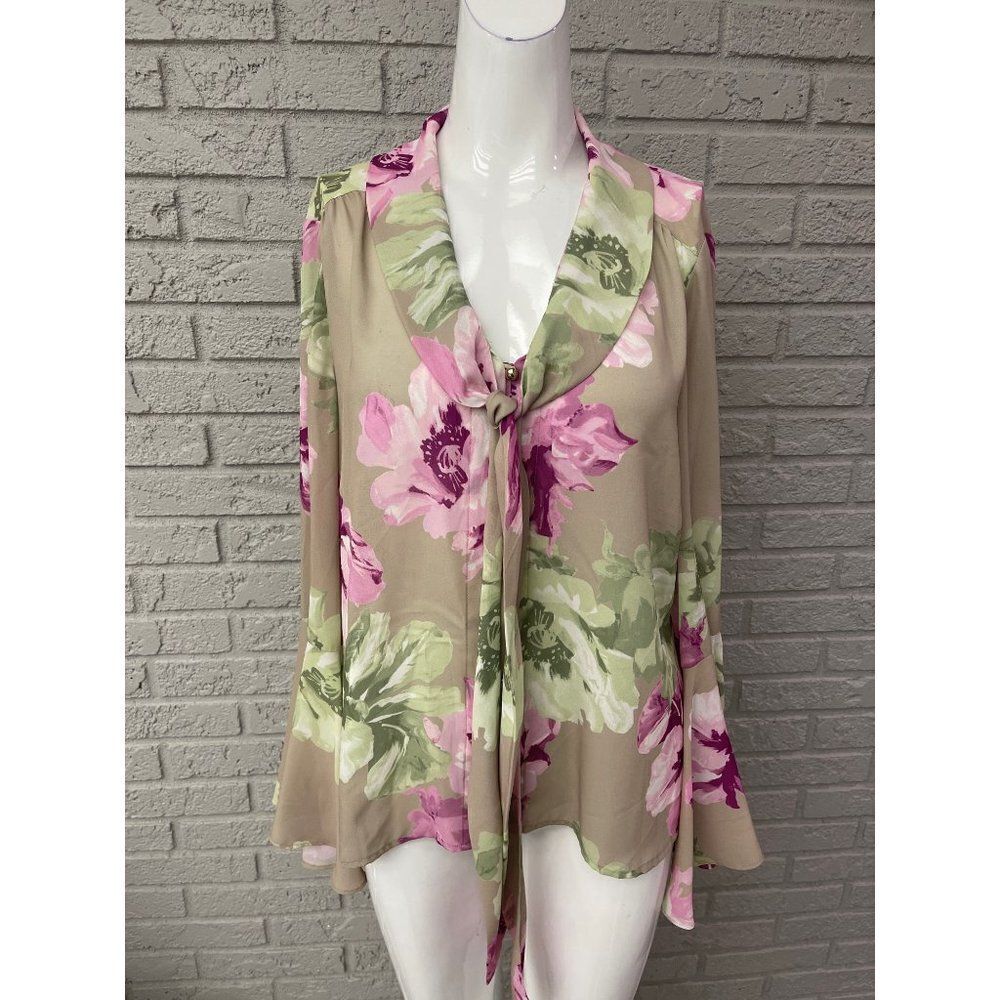 Tahari Arthur S. Levine Floral Bell Sleeve Blouse Size PL